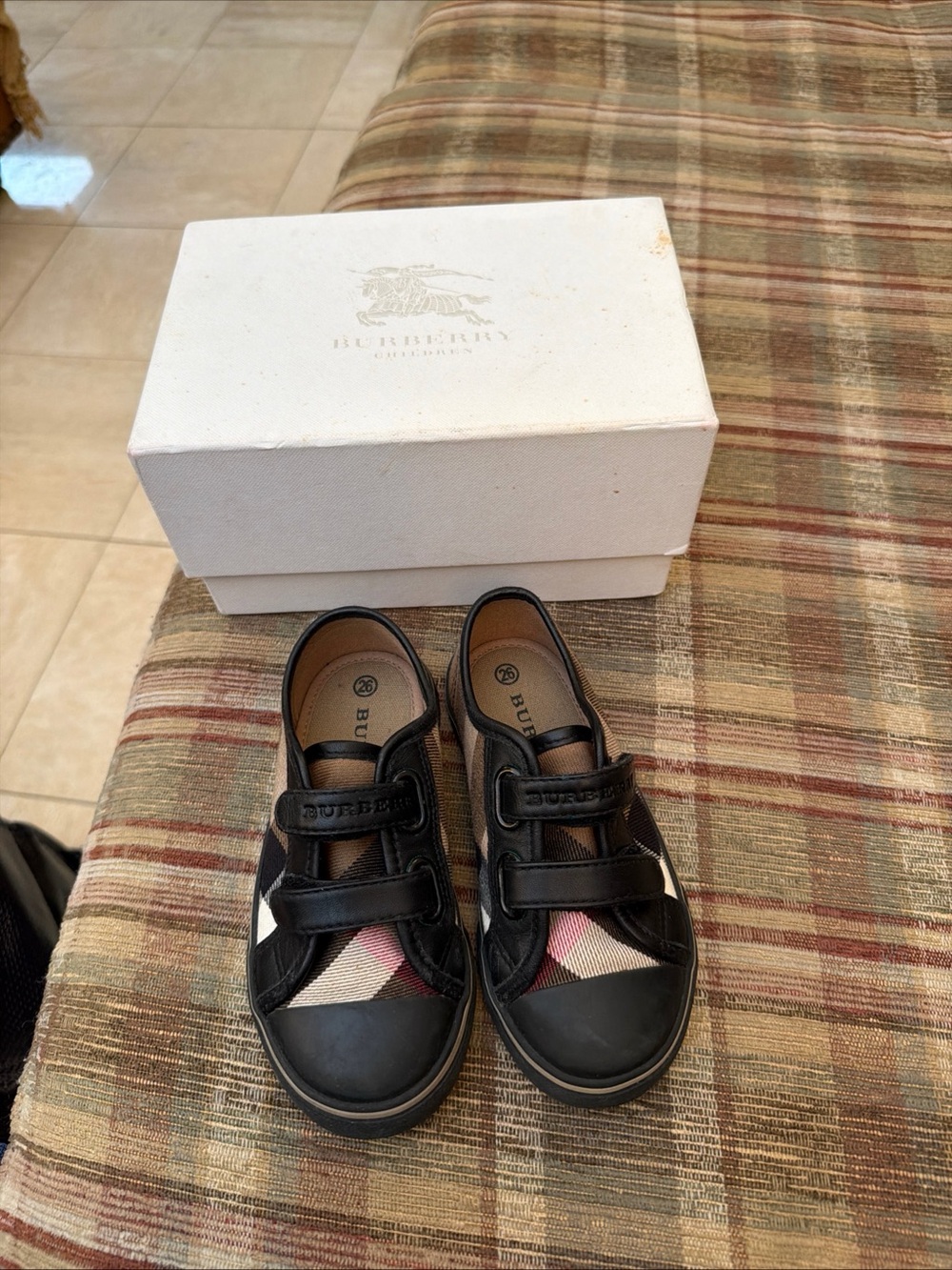 Burberry Black Leather Kids Sneakers with Classic Check Panels